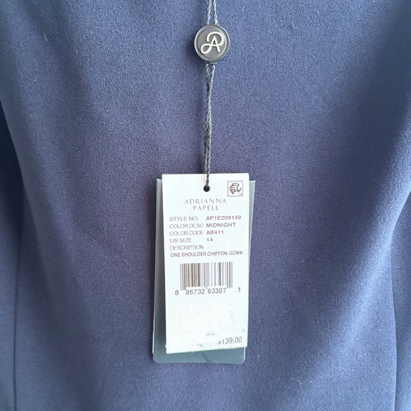 🆕 Adrianna Papell OneShoulder Chiffon Maxi Gown Midnight Navy Size 14 Dress - Picture 14 of 16